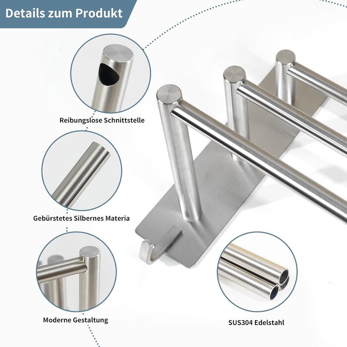 Тримач для рушників Vista з 3-ма перекладинами без свердління, нержавіюча сталь SUS304, сріблястий, з двома гачками, 60 см