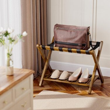 SMIBUY Luggage Rack, 2-Piece Set, Folding Bamboo Suitcase Stand with Shelf for Guest Room, Bedroom, Hotel, Heavy-Duty (Walnut)