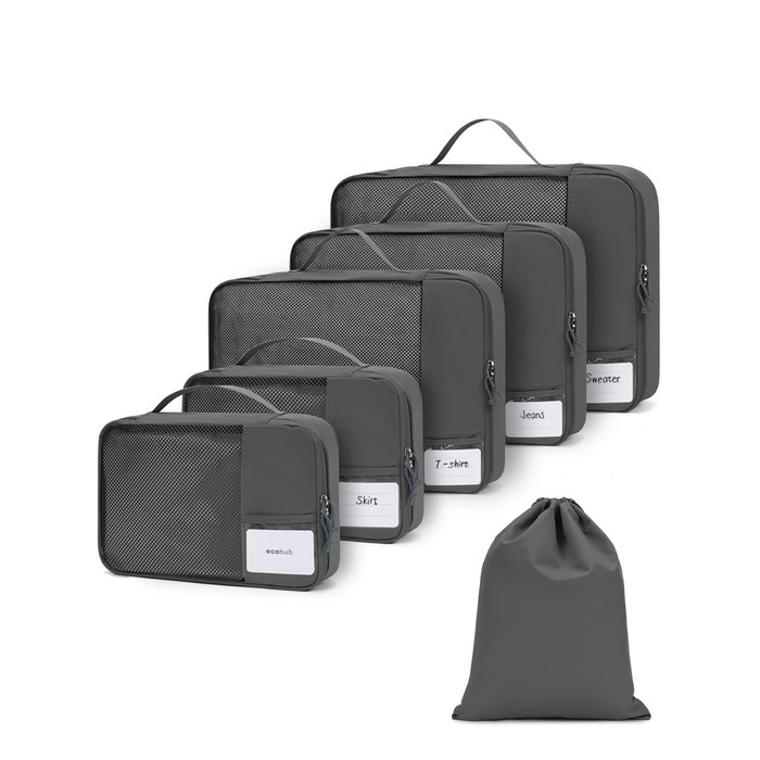 Органайзери для валізи ECOHUB, набір 6 шт. з ID-міткою, екологічні, дихаючі, для подорожей (зелений, темно-сірий)