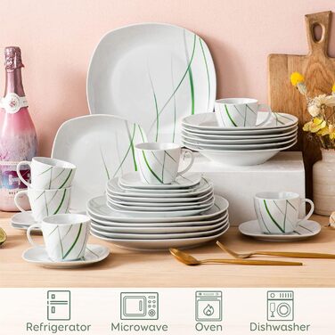 VEWEET Сервіз столовий 'Aviva' з порцеляни, 60 предметів | Комплектний сервіз для 4-12 осіб: тарілки, супові тарілки, десертні тарілки, чашки та блюдця | Комплектний сервіз на 60 предметів