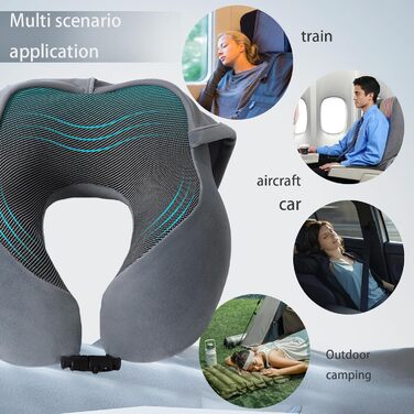 Подушка для шиї Memory Foam | Подушка для подорожей в літак з 95% захистом від світла, регульована підтримка шиї, для подорожей, офісу та сну на боці (темно-сіра)