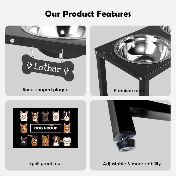 Миска для собак ADENGL на підставці, 40,6 см, з нержавіючої сталі, 2 миски, антивитікаюча підкладка, для великих та екстра-великих порід, чорний колір