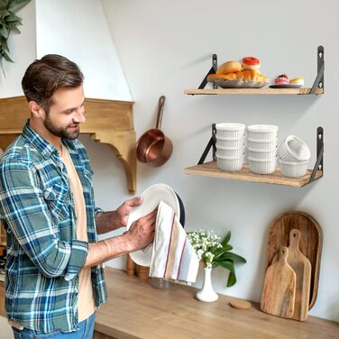 Настінна полиця з дерева, 2 шт. у комплекті, рустикальний стиль, з тримачем для рушників, світло-коричневий колір, для спальні, вітальні, ванної кімнати, кухні, офісу