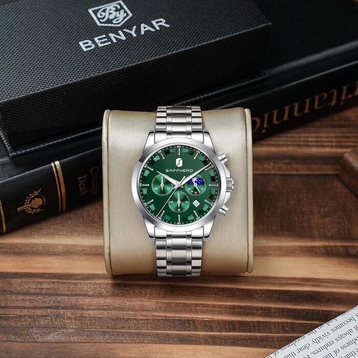 Годинник чоловічий BENYAR Chronograph Аналоговий кварц Водостійкий з датою. Елегантний бізнес-стиль. Чудовий подарунок для чоловіків (срібний браслет/зелений циферблат)