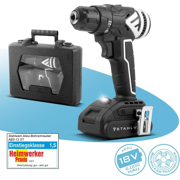 Акумуляторний шуруповерт STAHLWERK 18V Brushless з набором: акумулятор, зарядний пристрій, кейс (ABS-18 ST)