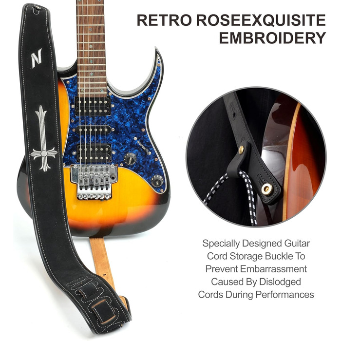 Гітарний ремінь Nefelibata з вишивкою 'n', 2.7', з двошарової баварської шкіри, з м'якою підкладкою, для акустичної, бас та електрогітари (хрест)