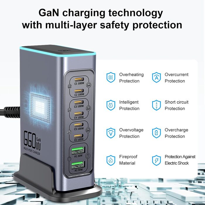 Зарядний пристрій USB 240W, 6 портів: 4xUSB + 2xUSB-A для MacBook, iPad, iPhone, Samsung (швидка зарядка)