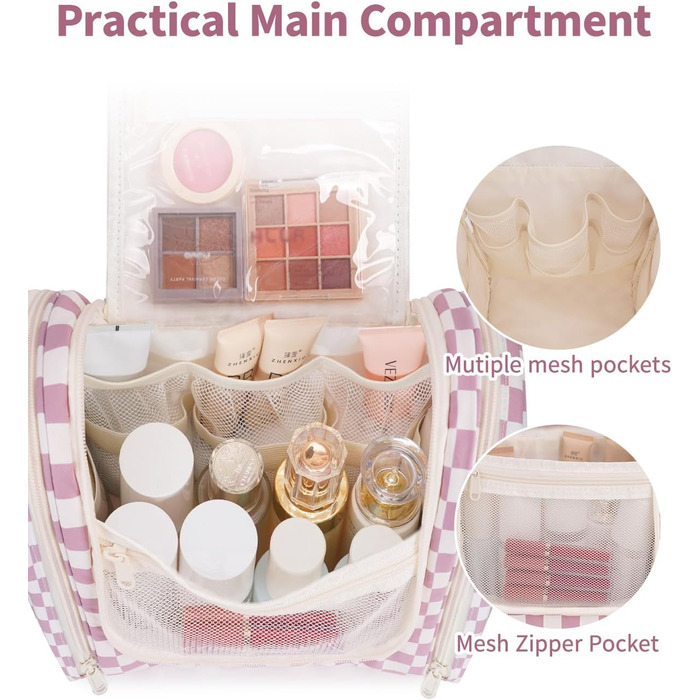 Сумка для косметики жіноча та чоловіча на блискавці, підвісна, водонепроникна (блакитний лист, сітка рожева)