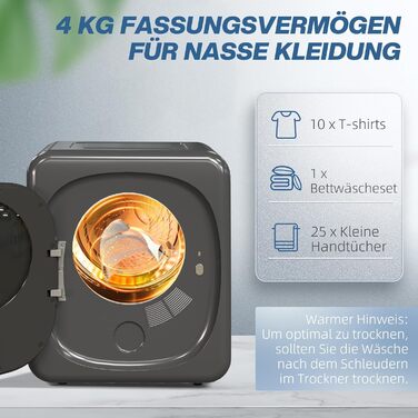 Сушарка для одягу HOMCOM Mini з LED-дисплеєм, 6 програм, 4 кг, до 60°C, 800W, для дому, з захистом від перегріву, білий/сірий