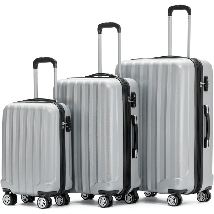 BEIBYE TSA Lock 2080 Twin Rollers 3-Piece Luggage Set Suitcase Luggage Set Trolley Trolleys Hard Shell (Silver)