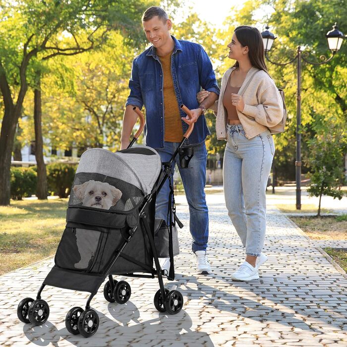 Візок для собак YITAHOME - переноска для тварин до 11,3 кг, з сіткою, тримачем для напоїв та кошиком, для собак та котів (сірий/чорний)