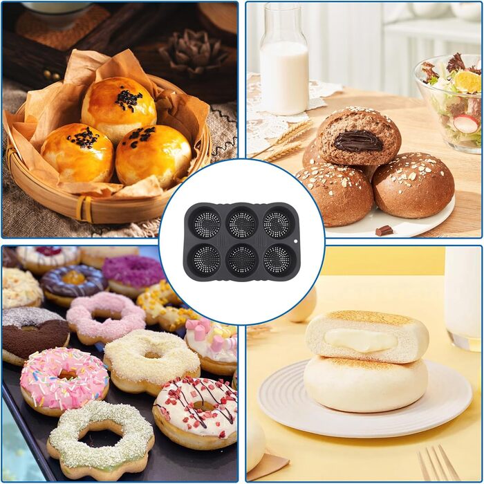 LOPYXBR 3 Pack Burger Buns Baking Mold, 10cm Round Bun Baking Mold, Mini Burger Bun Baking Mold with 6 Cavities, Non-Stick Silicone Bread Mold for Burgers, Bread, Buns, Puffs, Cupcakes