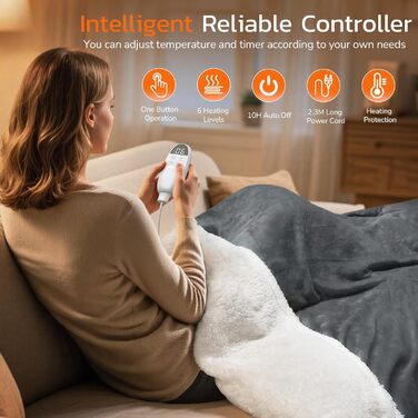 Електрична ковдра PRANITE 180x130 см з Sherpa та Flanell, 6 режимів нагріву, таймер 10 годин, автовимкнення, захист від перегріву, придатна для прання – сіра для ліжка та дивана