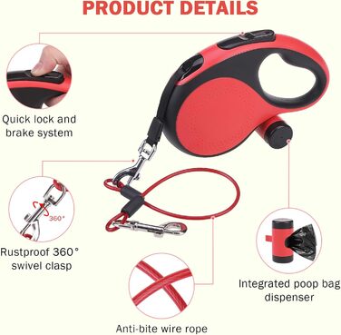 Рулетка для собак SCENEREAL - 7.9 м, для собак до 50 кг, міцна, з відмоткою, з анти-жувальною ниткою та дозатором для відходів (Червоний)