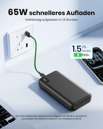 Power Bank A ADDTOP 20000mAh 65W: зарядний пристрій для ноутбука, iPhone, iPad. 2 USB-C, 1 USB-A. Чорний