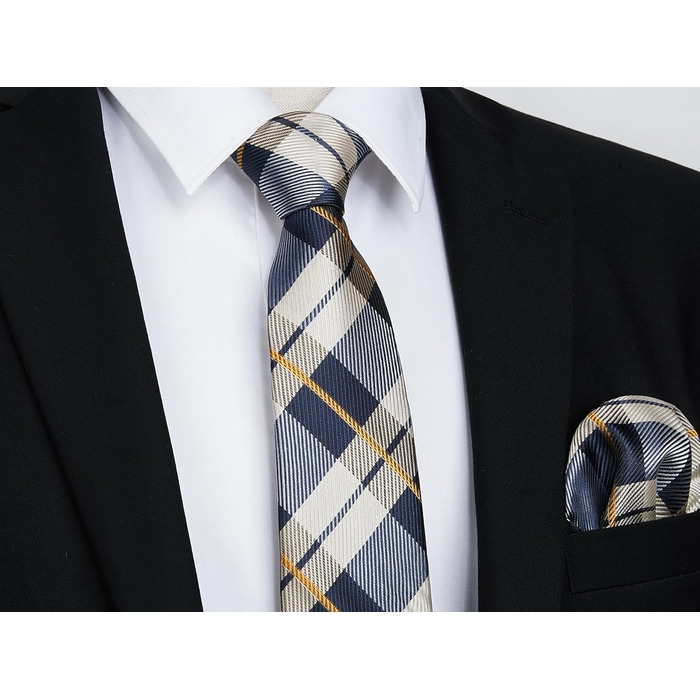 HISDERN Комплект краватки та нагрудного хустинки для чоловіків: коричневий та темно-синій (довга краватка)