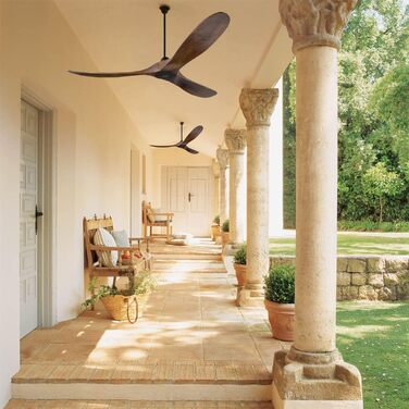 Вентилятор стельовий дерев'яний без освітлення з пультом керування, тихий, для вологого приміщення (152см, коричневий)