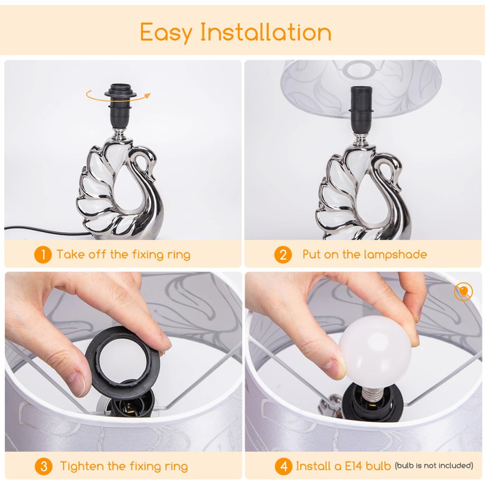 Стійка лампа Aigostar з кераміки, вінтажна настільна лампа з тканинним абажуром, патрон E14, макс. 40W, сучасна лампа для нічного столика, нічник для спальні, вітальні, офісу (без лампочки) - H235mm (Білий лебідь - H310mm)