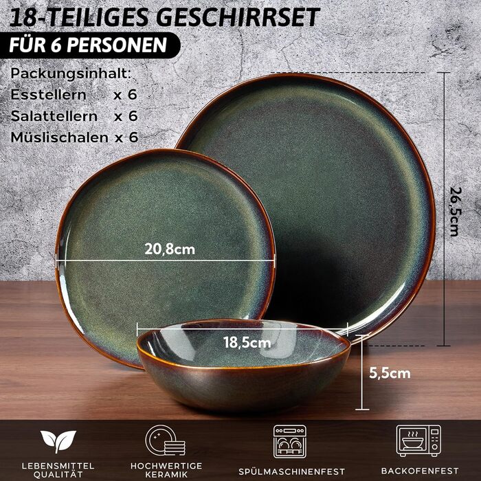 Сервіз Joyfair на 6 осіб, 18 предметів, кераміка, набір посуду, тарілки для їжі, десертні тарілки, миски для каші, сумісний з мікрохвильовою піччю та посудомийною машиною, колір Тандра Грін
