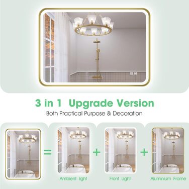 Дзеркало для ванної кімнати S'bagno з підсвічуванням 100x70 см, з алюмінієвою рамою, антизапарник, 3000-6500K, функція пам'яті, IP44, горизонтальне/вертикальне, чорне