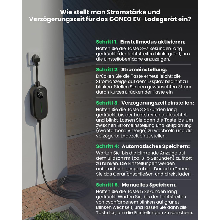 Зарядний пристрій для електромобілів GONEO Typ 2 3.68kW 16A IP66, 6м, 230V з LCD та таймером