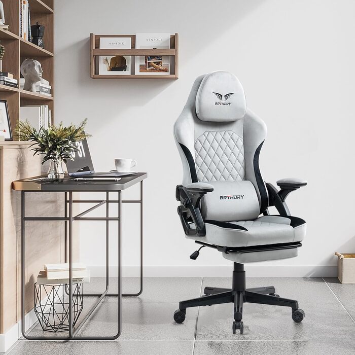 Геймерське крісло Racing Ergonomic Stoff Hellgrau з регульованою підголівкою та підставкою для ніг