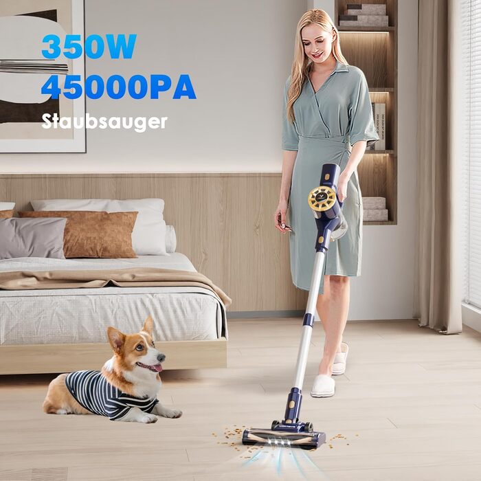 Бездротовий акумуляторний пилосос Vortisys - ручний, 350W, 45KPa, 55 хв роботи, 5-в-1 фільтрація, щітка проти ковтунів, для твердих поверхонь, килимів, шерсті тварин, темно-синій