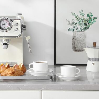 Набір еспресо-чашок MALACASA 4 шт., 75 мл з підставками та стійкою, біле порцелянове виробництво Італії, 120 мл, сумісні з посудомийною машиною