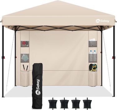 Sekey One-Touch Pop-Up Pavilion 3x3 Waterproof Stable Winter-Proof, Folding Pavilion 3x3m with Thickened Tubes, Party Tent Pavilion Foldable for Camping Festival Party, (Khaki, with Back Wall)