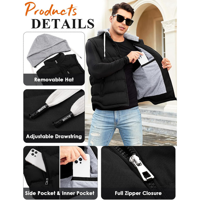 Чоловіча степкова жилетка Vancavoo на осінь/зиму з капюшоном, чорна, розмір M