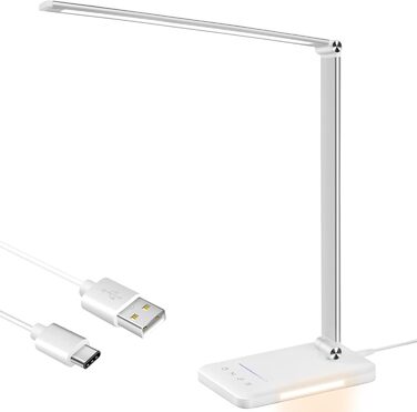 LED лампа настільна диммерна - 560LM, офісна лампа з 5 режимами кольору та 10 рівнями яскравості, з нічним світлом, USB-порт, функція пам'яті та таймер, 10W - білий сріблястий колір