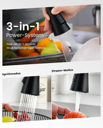 Кухонний змішувач DayOne з висувною лійкою, нержавіюча сталь SUS304, високий тиск, кухонний кран з 2 функціями, поворотний на 360°, для кухні (низький тиск, 247mb-niederdruck)