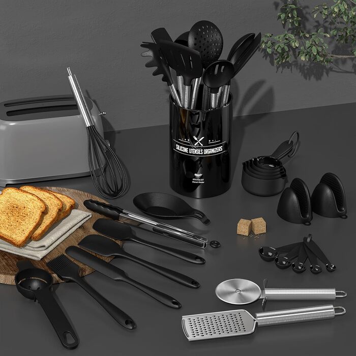 Набір силіконових кухонних приладь Umite Chef, 43 предмети, термостійкі кухонні аксесуари з нержавіючими ручками, чорний набір для антипригарного посуду
