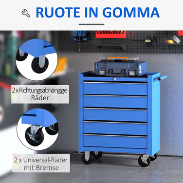 HOMCOM Mobile Tool Cart Tool Wagon Rolling Cart Tool Box with 5 Drawers Blue