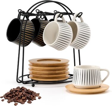 Набір керамічних чашок та підставок для кави з металевим стійкою (6 шт.), 130 мл, чорний, для капучіно, еспресо, лате, американо, чаю