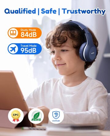 Бездротові навушники EarFun для дітей Bluetooth, регулювання гучності 85/94 дБ, Hi-Fi звук, HD-мікрофон, 40 годин роботи акумулятора, складні, регульовані, для школи/подорожей, блакитний