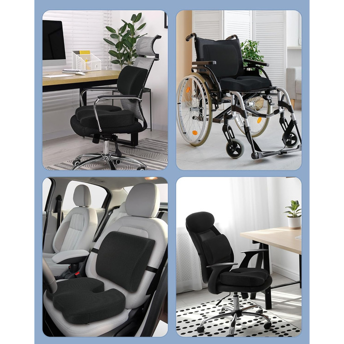 Ортопедична подушка для сидіння Feagar з memory foam, ергономічна подушка для офісного крісла, інвалідного візка, автокрісла, подушка для куприка, чорна (набір, XL (90-150 кг))
