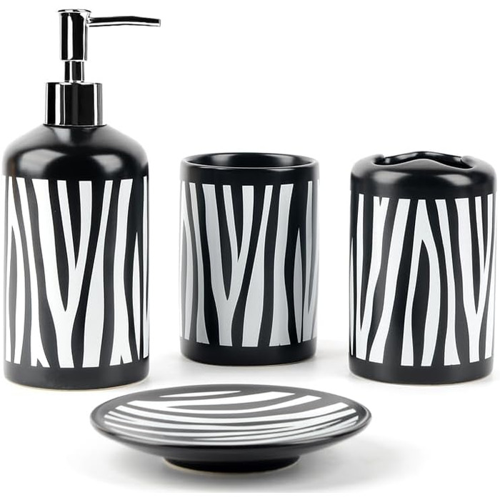 WPM 4-Piece Ceramic Bathroom Accessories Set – our complete bathroom decor set includes a designer soap dispenser or lotion dispenser, toothbrush holder, cup, and soap dish (Black, White)
