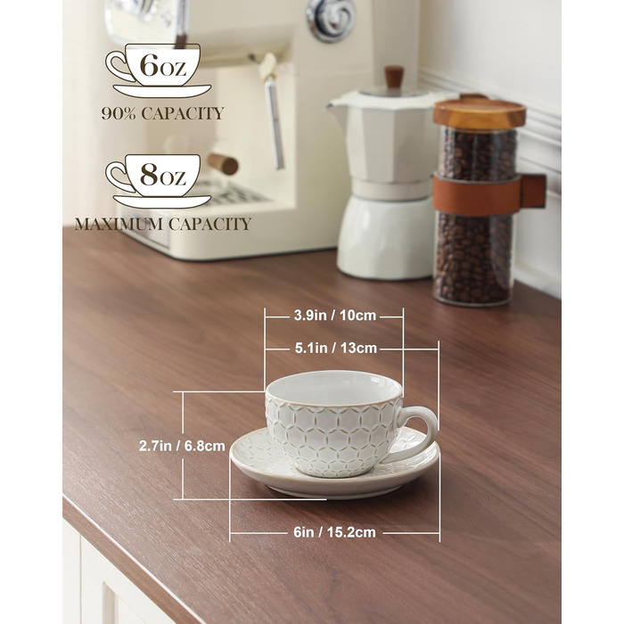 Набір кавових чашок MALACASA з блюдцем, 8 шт., для 4 особи, з рельєфом, 180 мл, кераміка, бежевий