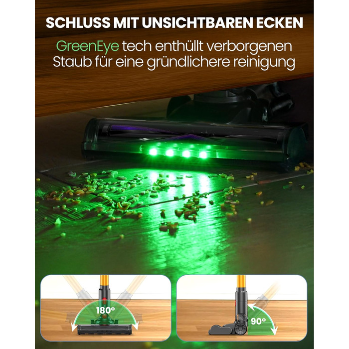 Бездротовий акумуляторний пилосос DP2 з подвійним акумулятором, 45KPa, 60 хвилин роботи, 500W, LED-дисплей, телескопічна труба, вертикальне зберігання, світло GreenEye, ідеальний для шерсті тварин/килимів/твердих підлог, золотий