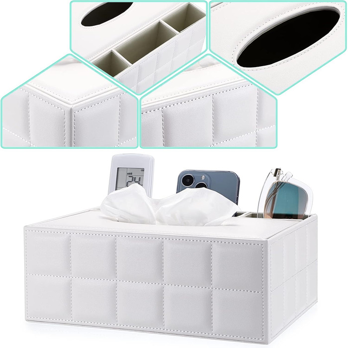 BTSKY Rectangular Tissue Box Holder made of PU Leather with Remote Control Pocket – Desk Tissue Holder, Organizer, Storage Box, Holder, Remote Control Container, White