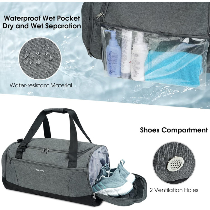 Sports Bag Backpack Duffle Bag for Men with Shoe Compartment & Wet Compartment and Toiletry Bag Weekender Bag Women's Gym Bag with Trolley Sleeve, Grey