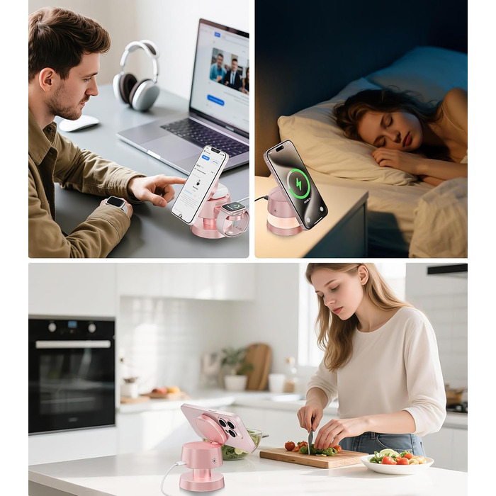 Бездротова зарядка 4-в-1 для iPhone 17/16/15/14 Pro Max з нічним світлом, сумісна з Apple Watch та AirPods, рожева