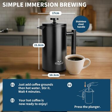 Френч-прес MERMOO YILAN 1L з нержавіючої сталі: термоізольований кавовар для кемпінгу, з подвійними стінками, 1000 мл (чорний)