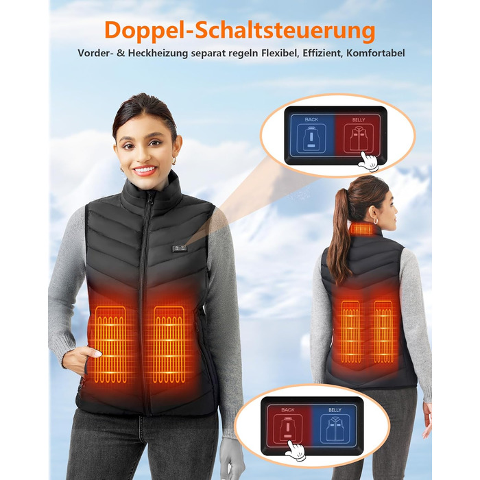 Гріюча жилетка для чоловіків та жінок з акумулятором 10000mAh, 5 зон обігріву, 3 режими температури, подвійне керування, для зимових активностей (L, Світло-чорний)