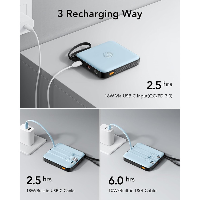 Power Bank VRURC 10000mAh з кабелем: компактний акумулятор USB-C, швидка зарядка 22.5W, LED-індикатор, сумісний з iPhone, Huawei