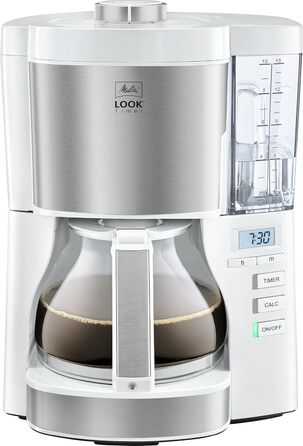 Melitta Look Timer - Filter Coffee Machine - Timer Function - Drip Stop - 10 Cups - White (1025-07) White with Glass Carafe Single