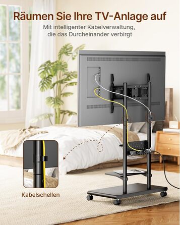 Підставка для телевізора на колесах, 50-90 дюймів, до 70 кг, регульована висота та нахил, з полицями, VESA 600x400 мм