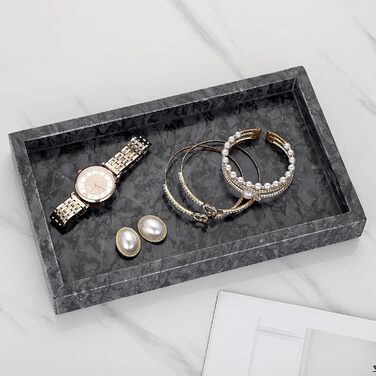 BSTKEY Natural Marble Serving Tray for Coffee Table, Rectangular, Jewelry Tray, Organizer, Decorative Bathroom, Vanity, Toilet Tank, Bathtub Tray, 25x15 cm (black)