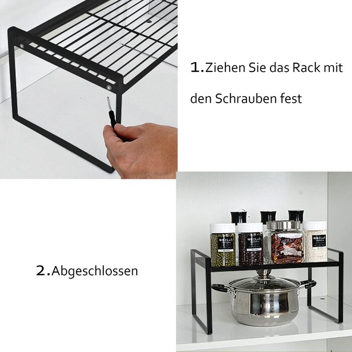 KZOBYD Expandable Kitchen Shelf, Foldable Kitchen Cabinet Shelf Spice Rack Organizer for Dishes and Supplies Stackable Kitchen Storage Organizer for Extra Storage Space (White, ) (Black, Large)
